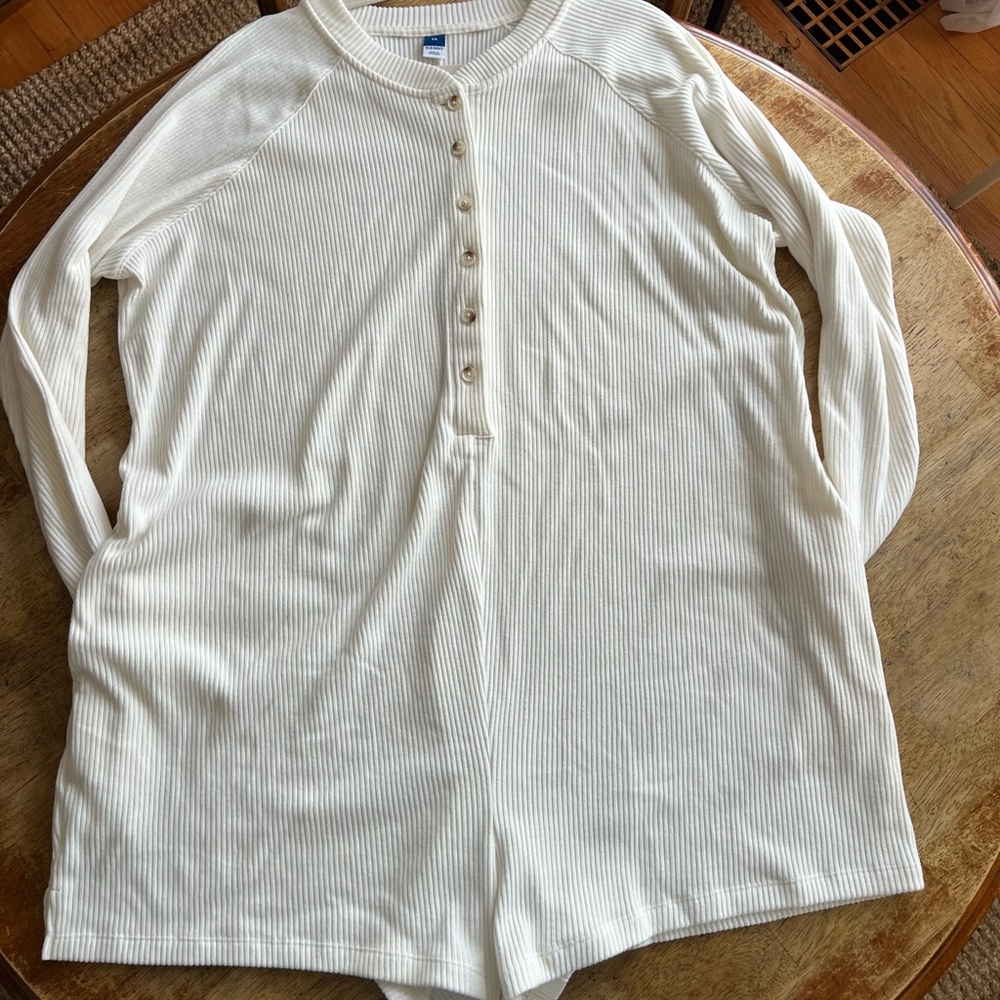 Sleep PJ Pajama Romper Long John Shorts Cream Ribbed Button-Up With Pockets!